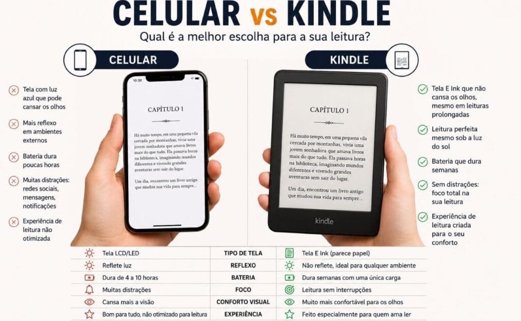 comparação entre o celular e o kindle